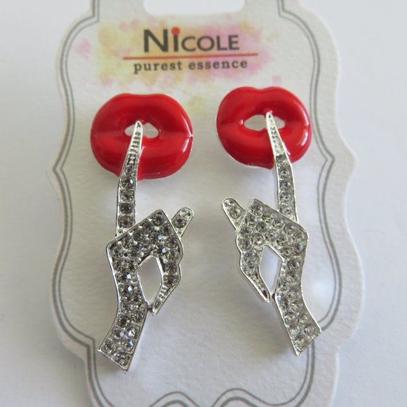(#I) Nicole Purest Essence Lip Dangling Earrings Faux Rhinestone Silver - Picture 3 of 5